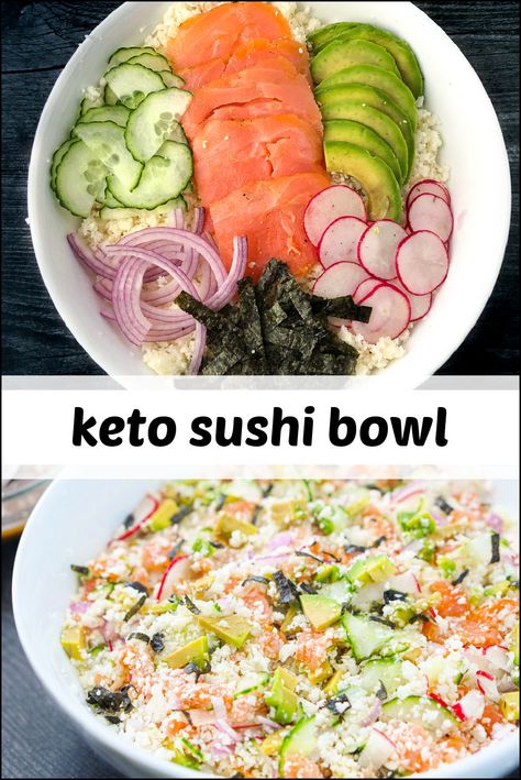 white bowl with keto california roll sushi bowl and text No Carb Sushi, Bariatric Sushi Recipes, Keto Sushi Recipes, Sushi Recipes No Rice, No Rice Sushi Rolls, Low Carb Japanese Recipes, Crunchy Roll Sushi Recipe, Tuna Keto Recipes, Keto Sushi Bake