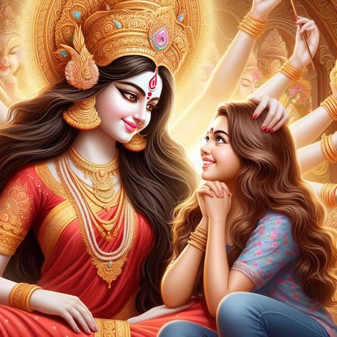 Durga Maa With Girl, Durga Goddess Beautiful, Cute Maa Durga Images, Lord Durga, God And Goddess, Maa Durga Photo, Goddess Parvati, Mother Kali, Aadi Shakti