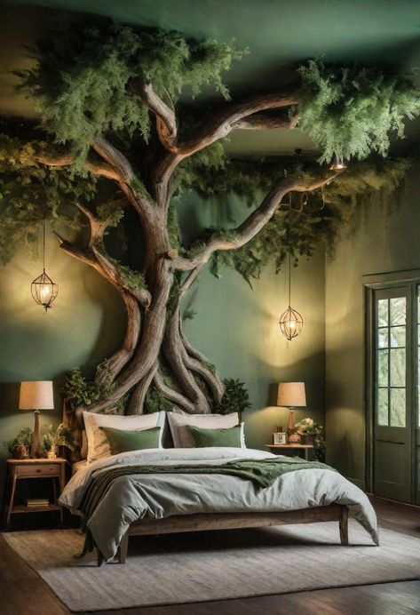 Tree House Bedroom Ideas, Dream Room Inspiration Green, Nature Themed Room Ideas, Forest Inspired Room, Deep Green Room, Earth Themed Bedroom, Greenery Decor Bedroom, Rainforest Bedroom Ideas, Plant Themed Bedroom