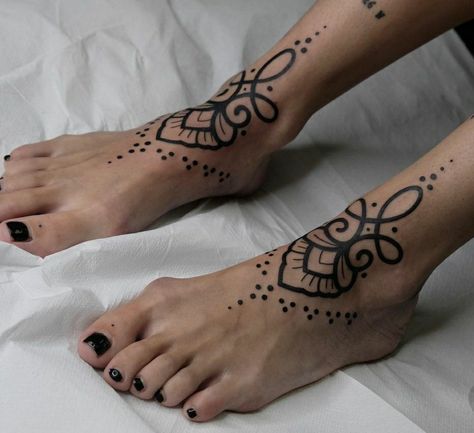 Celtic Tribe Tattoo, Upper Ankle Tattoo, Feet Ornamental Tattoo, Ankle Ornamental Tattoo, Elbow Ditch Tattoos For Women, Ornamental Feet Tattoo, Symmetrical Leg Tattoos, Ornamental Ankle Tattoo, Bold Ornamental Tattoo