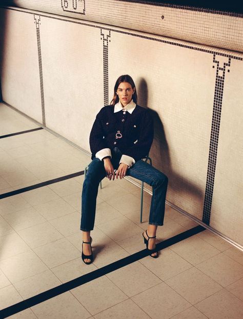 Musician Charlotte Cardin sitting on a chair at the bottom of an emptied indoor pool with small white tiles. She's wearing a black Chanel jacket and blue denim. William Arcand, Charlotte Cardin, Amanda Lee, Editorial Photoshoot, Celebrity Photo, Art Director, Celebrity Photos, Graphic Designer, Art Direction