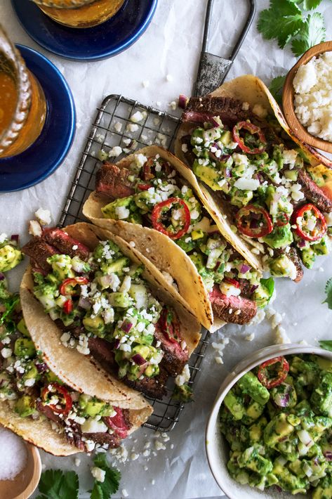 Spiced Flank Steak Tacos with Avocado Salsa - The Original Dish Steak Taco Recipe, Steak Taco, Marinade Flank Steak, Flank Steak Tacos, The Original Dish, Tacos With Avocado, Avocado Salsa Recipe, Easy Taco Recipes, Carne Asada Tacos