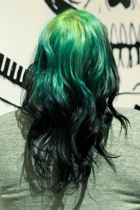 Green Hair Ombre, Black And Green Hair, Reverse Ombre Hair, Reverse Ombre, Red Ombre Hair, Brown Ombre Hair, Dyed Hair Inspiration, Pretty Hair Color, Hair Stylies