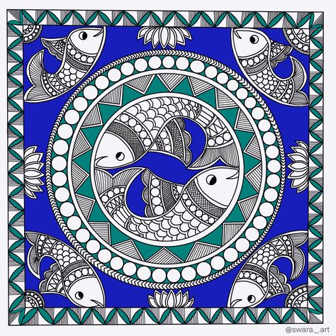 Madhubani Fish, Madhubani Motifs, Madhubani Paintings Peacock, Fashion Paintings, Colorful Art Paintings, Madhubani Paintings, Contemporary Folk Art, Indian Artwork, Saree Painting