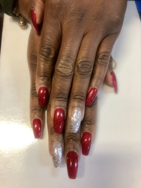 Holiday Red Glitter Nails, Coffin Nails Red Nails With Silver Glitter, Xmas Red Nails, Holiday Red Nails, Red Dip Nails, Glitter Nails Coffin, Nails Silver Glitter, Red Glitter Nails, Red Solid Color, Hoco Nails