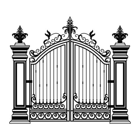 Metal gate sketch. Vector illustration of decorative forging of a two-door garden gate. Gate Sketch, Gate Drawing, Gate Vector, Simple Gate, Gates Design, Metal Gate, Door Garden, House Gate, Front Page Design