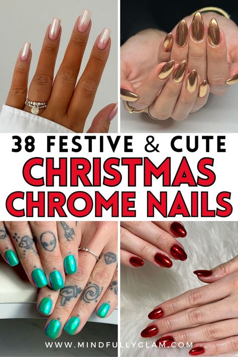 christmas chrome nails White And Green Chrome Nails, Nails Chrome Christmas, Gold Chrome Holiday Nails, Christmas Nails With Chrome Powder, Chrome December Nails, Festive Chrome Nails, Chrome Nails Christmas Designs, Ice Chrome Nails, Chrome Christmas Nails Short