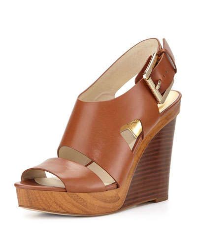 X2L48 MICHAEL Michael Kors Carla Platform Wedge Sandal, Luggage Carla Brown, Platform Wedges Shoes, Wedges Shoes, Cutout Design, Buckled Heels, Platform Wedge Sandals, Leather Shoes Woman, Footwear Design Women, Platform Wedge