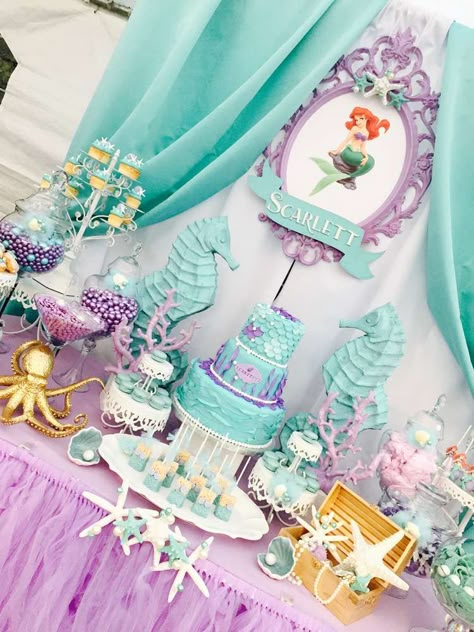 Little Mermaid birthday party | CatchMyParty.com Ariel 2nd Birthday Party, Ariel Little Mermaid Birthday Party, Ariel First Birthday Party, Little Mermaid Cake Ideas, Mermaids Birthday Party, Little Mermaid Birthday Party, Ariel Birthday Party, Ariel Party, Mermaid Birthday Party Decorations