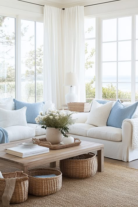 15 Tips for Creating a Coastal Living Room Oasis – Everyday Inspo Coastal Couches, Sofa Styling Ideas, Beach Shack Decor, Hampton Interior, Coastal Cottage Living Room, School Nurse Office Decorations, Room Oasis, Scandinavian Coastal, Muskoka Cottage