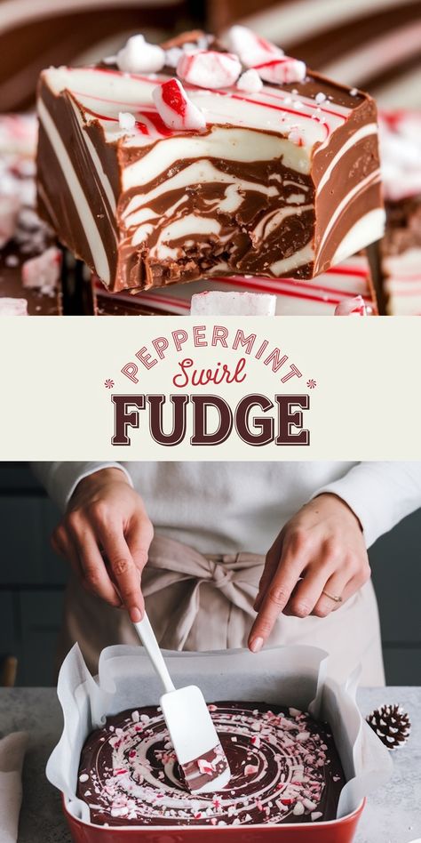 A dual-layered image featuring peppermint swirl fudge. The top half shows a close-up of a decadent square of fudge with rich chocolate and creamy white swirls, garnished with crushed peppermint candy on top, emphasizing the festive flavor and smooth texture. The bottom half shows hands smoothing the surface of the fudge mixture in a pan with a spatula, giving a behind-the-scenes look at the preparation process. Peppermint Mocha Fudge, Peppermint Chocolate Fudge, Peppermint Swirl Fudge, Dark Chocolate Peppermint Fudge, White Chocolate Christmas Recipes, Fudge For Christmas, White Chocolate Christmas Fudge, Chocolate Christmas Desserts Easy, Christmas Sweet Box Ideas