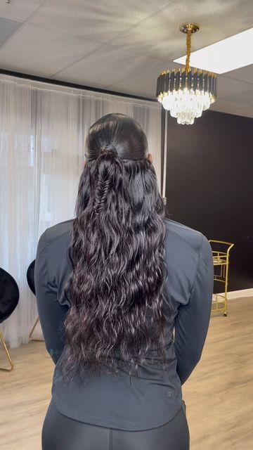 @saintluxeb on Instagram: "Super cute and girly Style: Low half up half down Quickweave + Fishtail *Squeeze ins available *Appointments Available *Link in bio To Book *Deposits are required #baltimorehairstylist #baltimorehair #ponytails #quickweaves #protectivestyle #dmvhair #dmvponytails #dmvstylist #explorepage #weave #bluntcuts #viral" Half Up Half Down Low Ponytail, Low Half Up Half Down Quick Weave, Fishtail Half Up Half Down, Half Up Half Down Quickweave, Braided Ponytail Weave, Available Appointments, Hair In The Wind, Quick Weave Hairstyles, Appointments Available