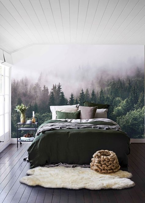 Forest Wallpaper Bedroom, Tree Wallpaper Bedroom, Minimalist Bed, Minimalist Bedroom Design, Green Bedroom, Interior Room, Forest Wall, Elegant Home Decor, Wallpaper Bedroom