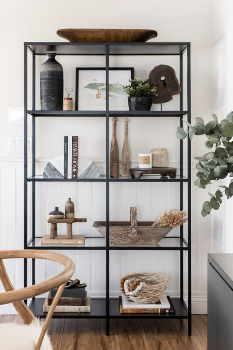 Elsie Home Designer California Rental Home Tour Photos | Apartment Therapy Styling An Etagere, Aesthetic Floating Shelves, Book Shelves Aesthetic, Floating Shelves Book, Shelving Unit Decor, Vittsjo Hack, Shelves Aesthetic, Rental Hacks, Ikea Vittsjo