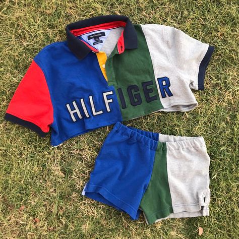 Reworked Tommy Hilfiger spell out colorblock patchwork polo shirt into a two piece croptop and shorts Reworked Polo Shirt, Clothing Rework, Reworked Tshirt, Patchwork Tee, Reworked Clothing, 90s Fashion Men, Next Fashion, Fabulous Fashion, Patterned Shorts