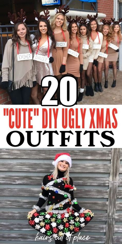 Get UGLY with it! Here are 20 insane DIY ugly Christmas sweater ideas for you, so you don't have to do all the shopping! For many work parties, family gatherings, college shenanigans, holiday parties in general, Ugly Christmas sweaters are the go-to. You can dress up or you can dress down, there are NO RULES when it comes to ugly Christmas attire and sweaters. Christmas Dress Women Funny, Funny Christmas Party Outfits For Women, Ugly Christmas Outfits Women, Family Christmas Dress Up Ideas, Igly Christmas Sweater, Christmas Themes Dress Up, Last Minute Ugly Sweater Ideas, Santa Pub Crawl Outfits, Christmas Party Costume Ideas Funny