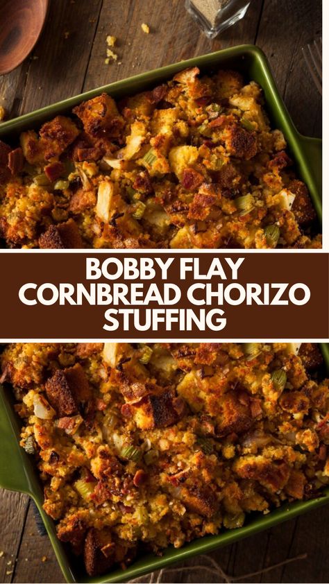 Bobby Flay Cornbread Chorizo Stuffing is made with fresh Mexican chorizo, white onion, carrot, celery, garlic, cornbread, cilantro, chicken stock, and butter, topped with cotija cheese. This delicious recipe takes 45 minutes to prepare and cook, serving 6 people. Garlic Cornbread, Chorizo Stuffing, Cornbread Stuffing Recipes, Bobby Flay Recipes, Thanksgiving Stuffing Recipes, Vegetarian Gravy, Mexican Chorizo, Cilantro Chicken, Stuffing Ingredients