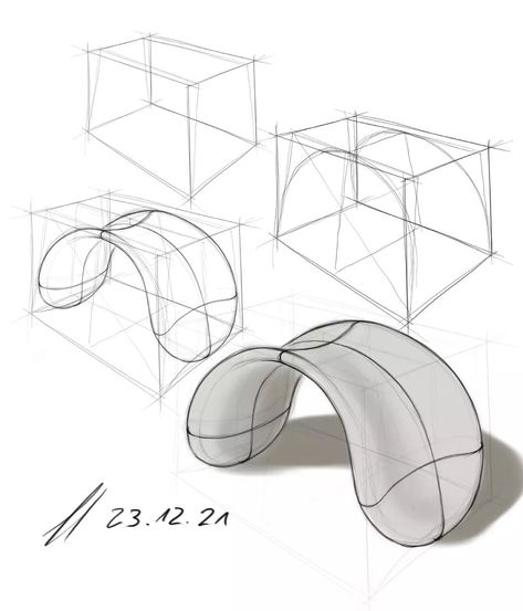 Forms In Perspective, Curved Shapes Design, Isometric Cube Drawing, Shape Design Art, Form Sketches, Volume Drawing, Shape Sketch, 2d Sketch, Shape Reference