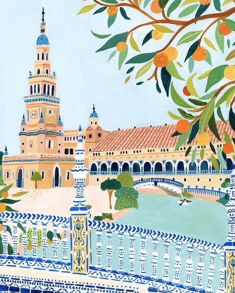 Amber Davenport on Instagram: “The wonderful Plaza de España, Seville. I had so much fun painting these patterned tiles 🇪🇸🍊 Also a note to say that we’ll be closing the…” 3 Canvas Art, Italy Landscape, The Joy Of Painting, Modern Wall Art Canvas, Acrylic Paint Set, Wall Art Canvas Painting, Personalized Wall Art, Seville, Mini Art