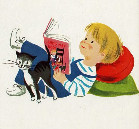 Vintage children's book illustration - boy and cat reading Mid Century Illustration, Cat Reading, Reading Art, Play Book, Reading A Book, Vintage Children's Books, Retro Illustration, Kids Reading, Kids' Book