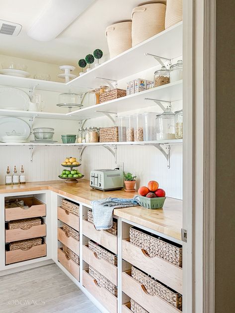 Pantry Wood Countertop, Butlers Pantry With Drawers, Modern Butlers Pantry Walk In, Pantry With Bracket Shelves, Pantry Design Pull Out Shelves, Scullery Open Shelving, Open Shelving Under Cabinets, Pantry Work Station, Scullery Storage Ideas