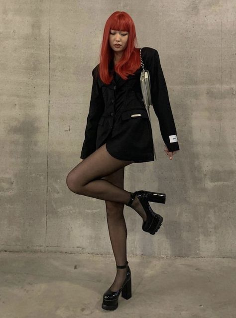 Blazer Dress With Stocking, Black Platforms Outfit, Platform Heel Outfit, Platforms Outfit, Strawberry Lipstick, Black Heels Outfit, Fiesta Outfit, Dress With Stockings, Heels Outfits