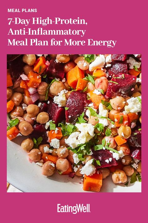 Want to boost your protein intake and energy levels? Try this 7-day high-protein anti-inflammatory meal plan created by a dietitian. #healthymealplans #healthyrecipes #mealplan #mealplanideas #mealplanning #mealprep#inflammation#antiinflammation#antiinflammatorydiet#healthyeating#eatingwell#healthy Anti Inflammation 7 Day Meal Plan, Eating For Energy Meal Plan, High Protein Nutrient Dense Meals, Inflammatory Diet Meal Plan, Simple Anti Inflammation Diet Recipes, High Energy Meals, Anti Inflammation Recipes Meal Prep, High Protein Mediterranean Diet, High Protein Anti Inflammation Breakfast