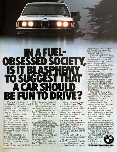 Fuel Obsessed?? 🤨  #cruisenighthero #car #cars #drive #retro #vintageautoads #vintagecars #vintagecarads #classiccars #vintagecarlove #bmw Bmw Ads, Copywriting Examples, 80s Car, Copywriting Ads, Bmw 320, Vintage Bmw, Bmw E21, Bmw 328, Automobile Advertising