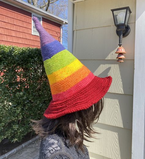 Weirdcore Hat, Smee Costume, Crochet Wizard, Knit Halloween, Rainbow Witch, Rainbow Sherbert, Halloween Rainbow, Rainbow Hat, Rainbow Clothes