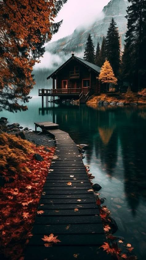 Cottage By Lake, Cozy Cabin Vibes, Lake House Wallpaper, Swiss Cabin, Cozy Landscape, Autumn Cabin, Cabin Pictures, Cabin By The Lake, Cabin Landscape