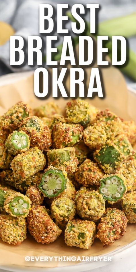 This crispy breaded okra recipe cooks up crunchy and delish in the air fryer. This is the best way to cook okra, hands down. #easyairfryer #breadedokra #airfryerokra #appetizer #recipe #airfryerfrozen #recipes #fresh #frozenbreaded #freshhealthy #crispyfried #cornmeal #airfryer Fried Okra Recipe Air Fryer, Air Fried Okra Recipe, Breaded Okra, Okoy Recipe, Air Fryer Okra, Cook Okra, Sunday Snacks, How To Cook Okra, Fresh Okra