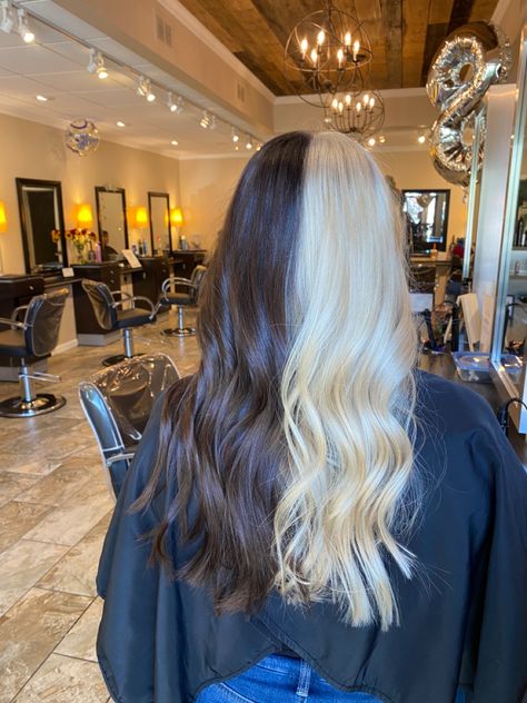 Hair Brown And Blonde Half And Half, Split Dye Half Brown Half Blonde, Half Light Brown Half Dark Brown Hair Split, Half Blonde And Half Brown Hair, Hair Dyed Half And Half, White And Brown Split Dye, Split Dye Hair Ideas Blonde, Brown And Blonde Hair Ideas Alt, Split Hair Brown And Blonde