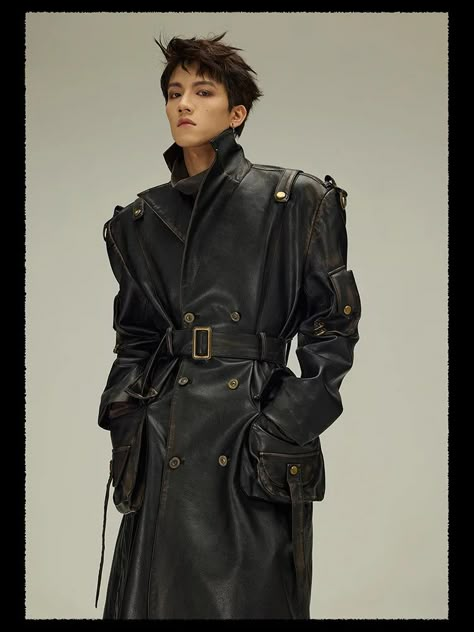 Discover unparalleled style with this black vegan leather trench coat, where luxury streetwear meets rugged innovation. Conceived from a desire to merge sophisticated design with a touch of raw authenticity, this coat offers an extra-long length for dramatic flair, oversized pockets for practicality, and a rugged stained finish that adds character and uniqueness. Key Features: Rugged brown-stained Extra-long length Oversized pockets Sleek, stylish design Comfortable fit Limited edition Size Char Leather Aesthetic Outfit, Trench Coat Design, Dark Tiger, Unique Clothing Stores, Techwear Fashion, Oversized Trench Coat, Dark Clothes, Leather Suit, Trench Coat Outfit