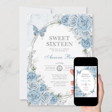 Dusty Blue Silver Sweet Sixteen 16th Birthday Invitation  Zazzle Sweet 16 Invitations Blue, Blue Sweet Sixteen, Aurora Rose, 16th Birthday Invitations, Sweet Sixteen Invitations, Blue Invitation, Sweet 16 Invitations, Invitation Ideas, Sweet Sixteen