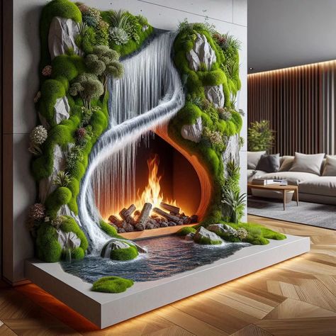 Unusual Fireplaces, Indoor Waterfall Fountain, Fireplace Style, Water Fountain Design, Ganapati Decoration, Indoor Waterfall, Fountain Design, Waterfall Design, Indoor Fountain