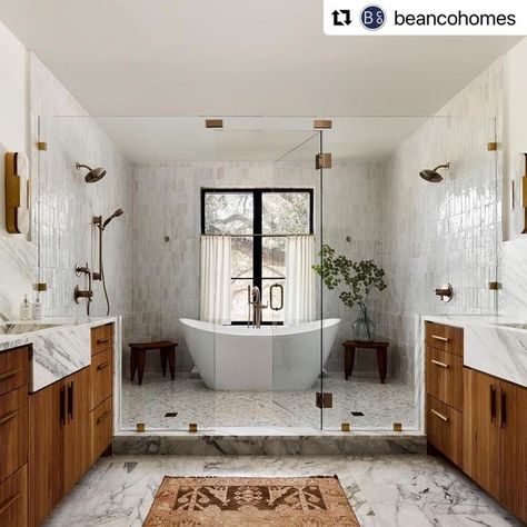 Primary Bathroom Tub Shower Combo, Open Shower Tub Combo Master Bathrooms, Primary Bed And Bath Layout, Master Bath And Shower Combo, Bathroom With Fireplace Master, Tub In Shower Room, Large Tub Shower Combo Master Suite, Bathtub And Shower Design Inspiration, Double Shower Head Master Baths With Tub