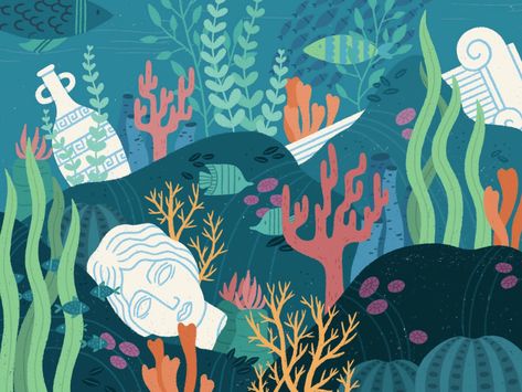 Hidden Gems Underwater Illustration by Carole Chevalier on Dribbble Ocean Animals Illustration, Deep Ocean Illustration, Deep Sea Illustration, Ocean Illustration Underwater, Ocean Drawing Underwater, Ocean Illustration Art, Ruins Illustration, Ocean Animation, Sea Illustration Art