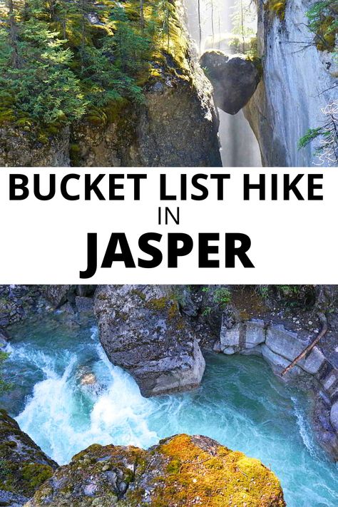 Heart shaped chockstones at Maligne Canyon, Maligne River, text: Bucket list hike in Jasper. Jasper National Park Hikes, Maligne Canyon Jasper, Banff Honeymoon, Canadian Travel Destinations, Maligne Canyon, Canadian National Parks, Jasper National Park Canada, Jasper Canada, Jasper Park