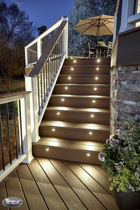 Better Homes & Gardens shares 14 ways that you can improve your deck – including adding Trex Deck Lighting to your stairs and railing posts. #outdoorliving #backyard #deck #patio #porch #decklighting #outdoorlighting Deck Stairs Lighting, Decking Stairs Ideas, Deck And Stairs Ideas, Deck Lighting Ideas Railing, Deck Lighting Ideas, Trex Deck Lighting, Deck Stair Lights, Deck Step Lights, Outdoor Deck Lighting