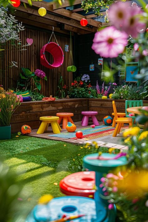 Small Courtyard Play Area, Small Outdoor Playground, Kids Garden Ideas Play, Backyard Play Area Landscaping, Children’s Garden Idea, Imagination Play Ideas For Kids, Small Garden For Kids, Small Yard Play Area For Kids, Small Playground Ideas