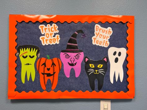 Halloween Character Teeth, Pediatric Dental Office Halloween Bulletin Board, Halloween Teeth, October Board Halloween Health Bulletin Boards, Dental Bulletin Board Ideas, Bulletin Board Halloween, Office Bulletin Board, Dental Halloween, Health Bulletin Boards, Office Bulletin Boards, Halloween Teeth, Cute Bulletin Boards