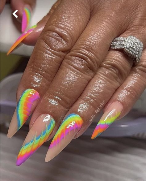 Neon Pride Nails, Neon Summer Nails 2023, Tie Dye Nails Acrylic, Carnival Nails Designs, Pride Nails Acrylic, Neon Rainbow Nails, Tie Dye Nail Art, Rainbow Nail Art Designs, Carnival Nails