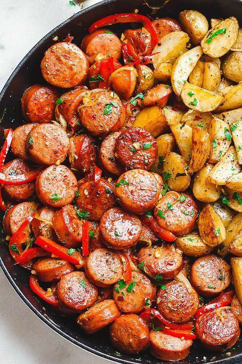 Sausage And Potatoes Skillet, Ayam Mentega, Potato Skillet, Smoked Sausage Recipes, Sausage Potatoes, Skillet Recipes, Garlic Butter Chicken, Chicken Bites, Hash Browns