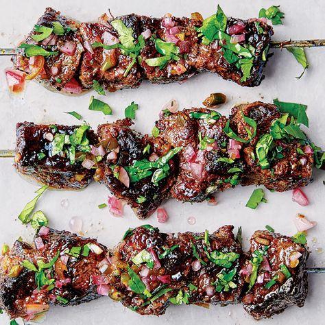 Coconut and Lemongrass Steak Skewers Recipe | Bon Appétit Steak Skewers, Seasoned Rice Vinegar, Unsweetened Coconut Milk, Meat Lovers, Surface Area, Skewers, Lemon Grass, Bon Appetit, Farmers Market