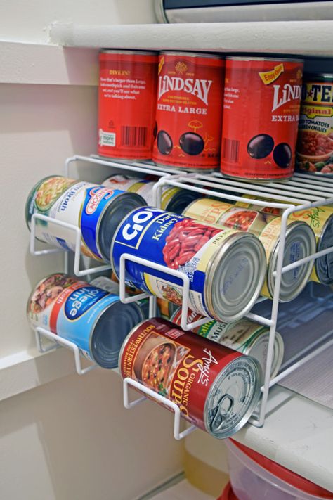 Pantry Canned Goods Organization, Small Pantry Cabinet Organization, Organize Canned Goods, Canned Goods Storage, Canned Good Storage, Pantry Redo, Diy Pantry Organization, Rv Redo, Small Pantry Organization