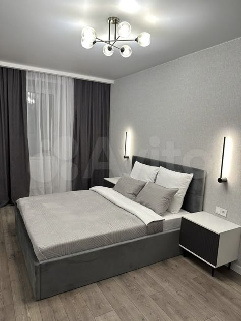 Gray Room Ideas, Small Bedroom Style, Compatible Colors, Chic Chandelier, Gray Room, Gray Home Decor, Fall Bedroom Ideas, Layered Bedding, Modern Minimalist Bedroom