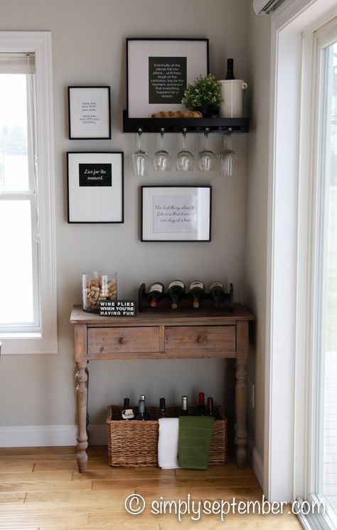 Are you inspired by farmhouse and eclectic decor? Do you love wine and nooks? Check out my farmhouse inspired wine nook complete with quote printables! Diy Nook, Wine Corner, Wine Decorations, Wine Nook, Wine Crafts, Corner Pergola, Wine Decor Kitchen, Wine Craft, Quote Decor