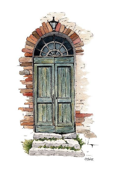 Door Drawing Aesthetic, Water Colour Architecture Sketch, Watercolor Old House, Architecture Painting Watercolors, Water Colour House Painting, Aesthetic Door Drawing, Urban Watercolor Paintings, Aesthetic Water Colour Painting, Urban Painting Watercolor