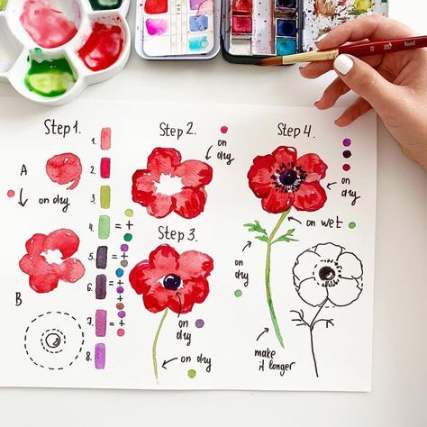 Red Anemone, Step By Step Watercolor, Watercolor Beginner, Watercolor Flowers Tutorial, Watercolor Books, Drawing Flowers, Fotografi Vintage, Watercolor Paintings For Beginners, Diy Watercolor Painting