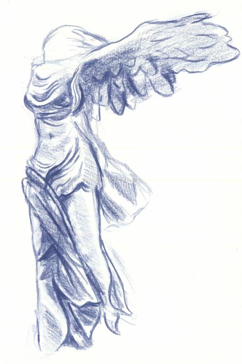 Drawing Ideas Greek Mythology, Greek Drawings Mythology Art, Angels Drawing Reference, Nike Statue Drawing, How To Draw Greek Statues, Greek Art Sketch, Greek Gods Drawing, Greek Statues Drawing, Greek Sketches Mythology